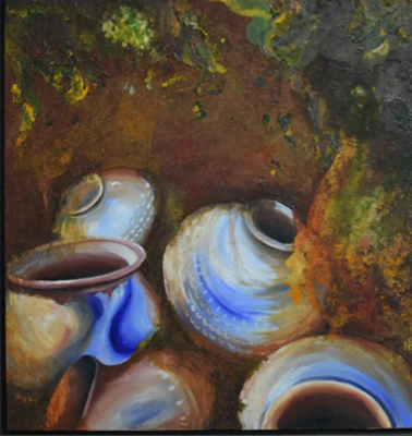 Clay and Curiosity - 24 x 24 Inches, Mix Media on Canvas by Nita Desai
