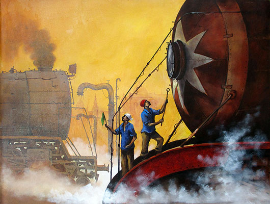 Locomotive 8, 46 x 34, Acrylic on Canvas  by Kishore Pratim Biswas
