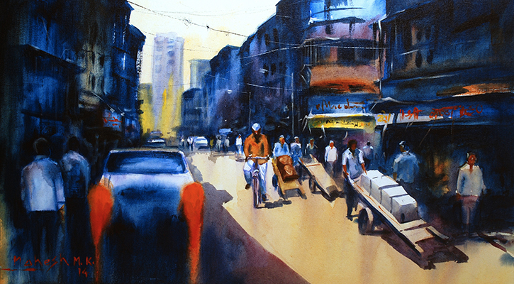 Busy Afternoon at Girgaon, 18 x 30, Acrylic on Canvas  by Mahesh Karambele