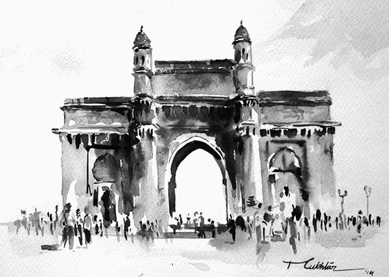 Gateway of India by Mukhtar Kazi, 8 x 11, Water colour on Paper