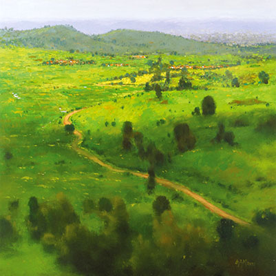 Road on green carpet, 20 x 20, Oil on Canvas by Saurabh Kadam