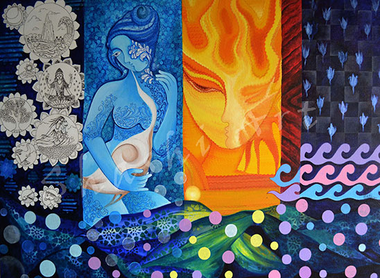 Cosmic Leela, 36 x 42, Acrylic and Ink on Canvas by Shashi Thakur