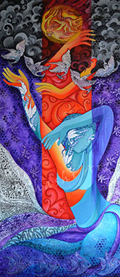 Tempestuous Desire, 47 x 20, Acrylic and Ink on Canvas by Shashi Thakur