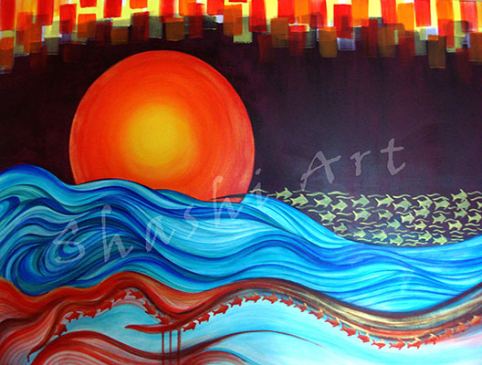 We change the Universe when we change climate and a Tsunami ensues, 47 x 32, Acrylic on Canvas by Shashi Thakur